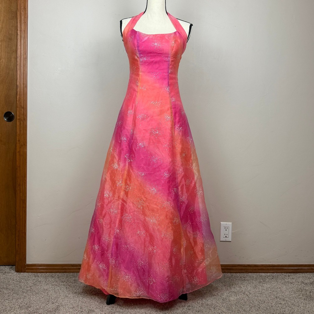 Zum Zum Halter Gown Women XS Pink Orange Ombre Glitter Y2K Prom Dress HoCo READ